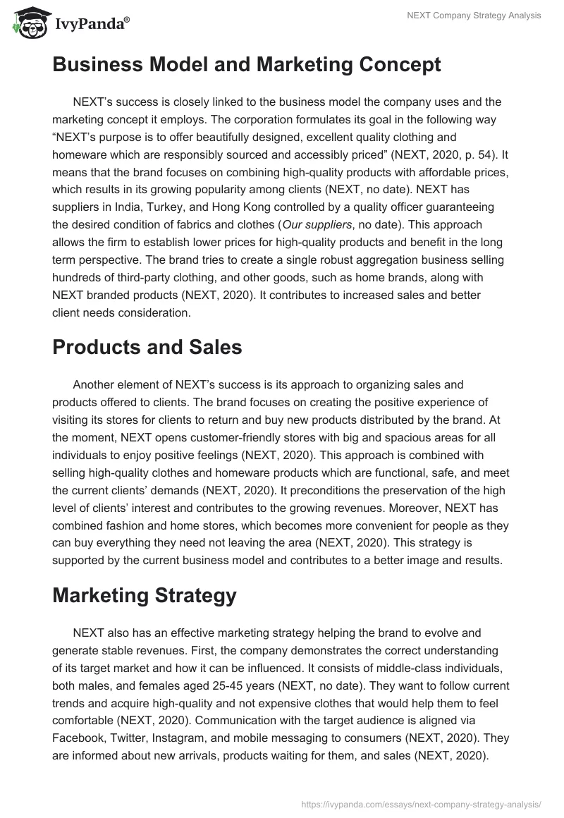 NEXT Company Strategy Analysis. Page 2