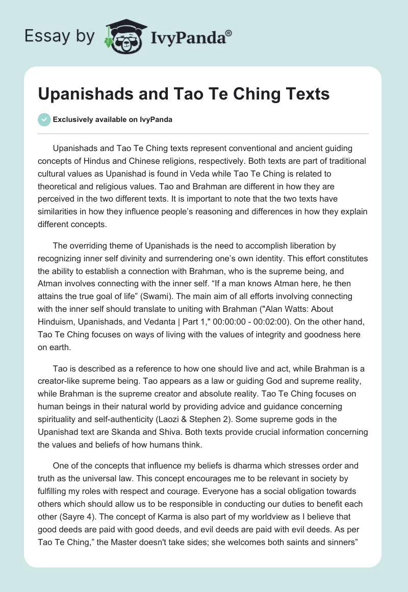 Upanishads and Tao Te Ching Texts. Page 1