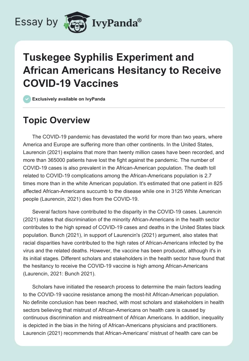 Tuskegee Syphilis Experiment and African Americans Hesitancy to Receive COVID-19 Vaccines. Page 1