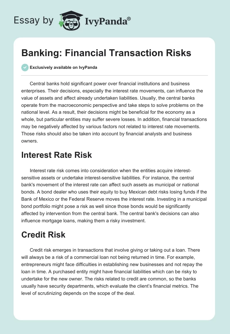 Banking: Financial Transaction Risks. Page 1