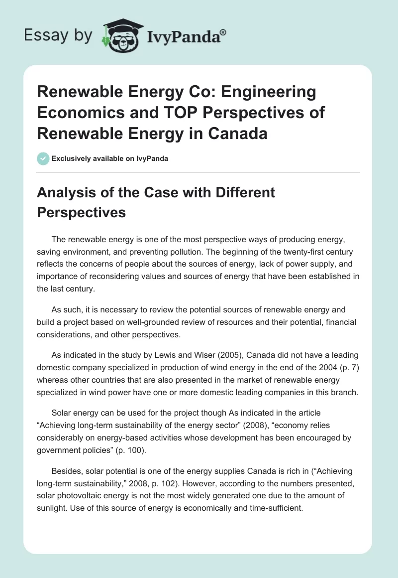 Renewable Energy Co: Engineering Economics and TOP Perspectives of Renewable Energy in Canada. Page 1