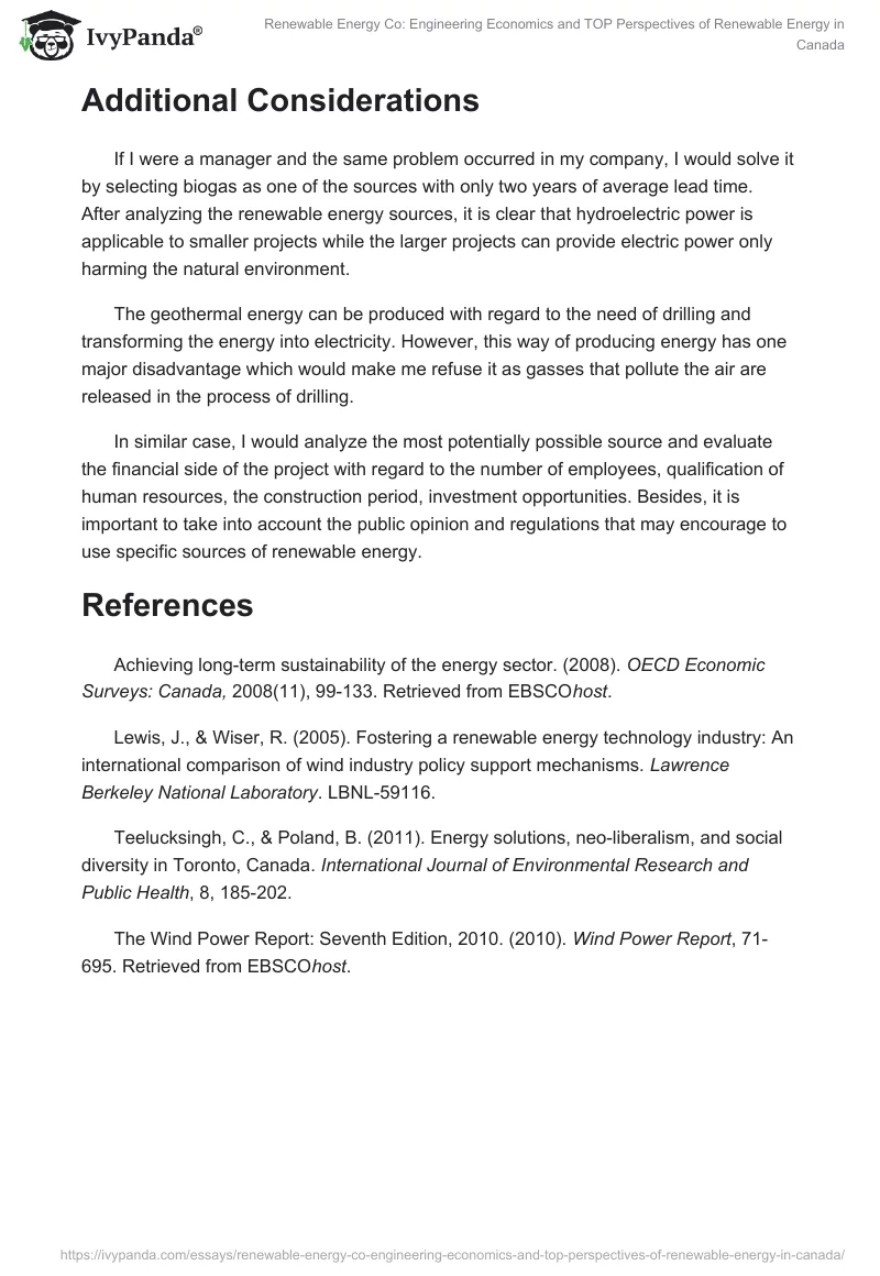 Renewable Energy Co: Engineering Economics and TOP Perspectives of Renewable Energy in Canada. Page 3