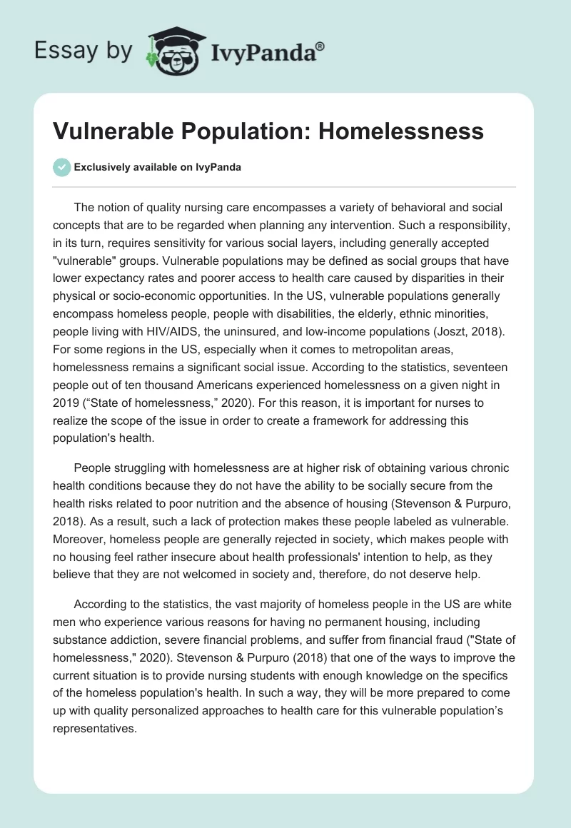 Vulnerable Population: Homelessness. Page 1