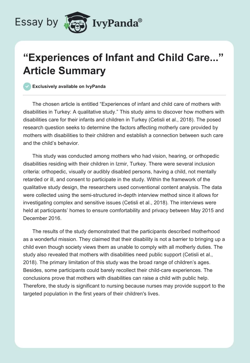 “Experiences of Infant and Child Care...” Article Summary. Page 1