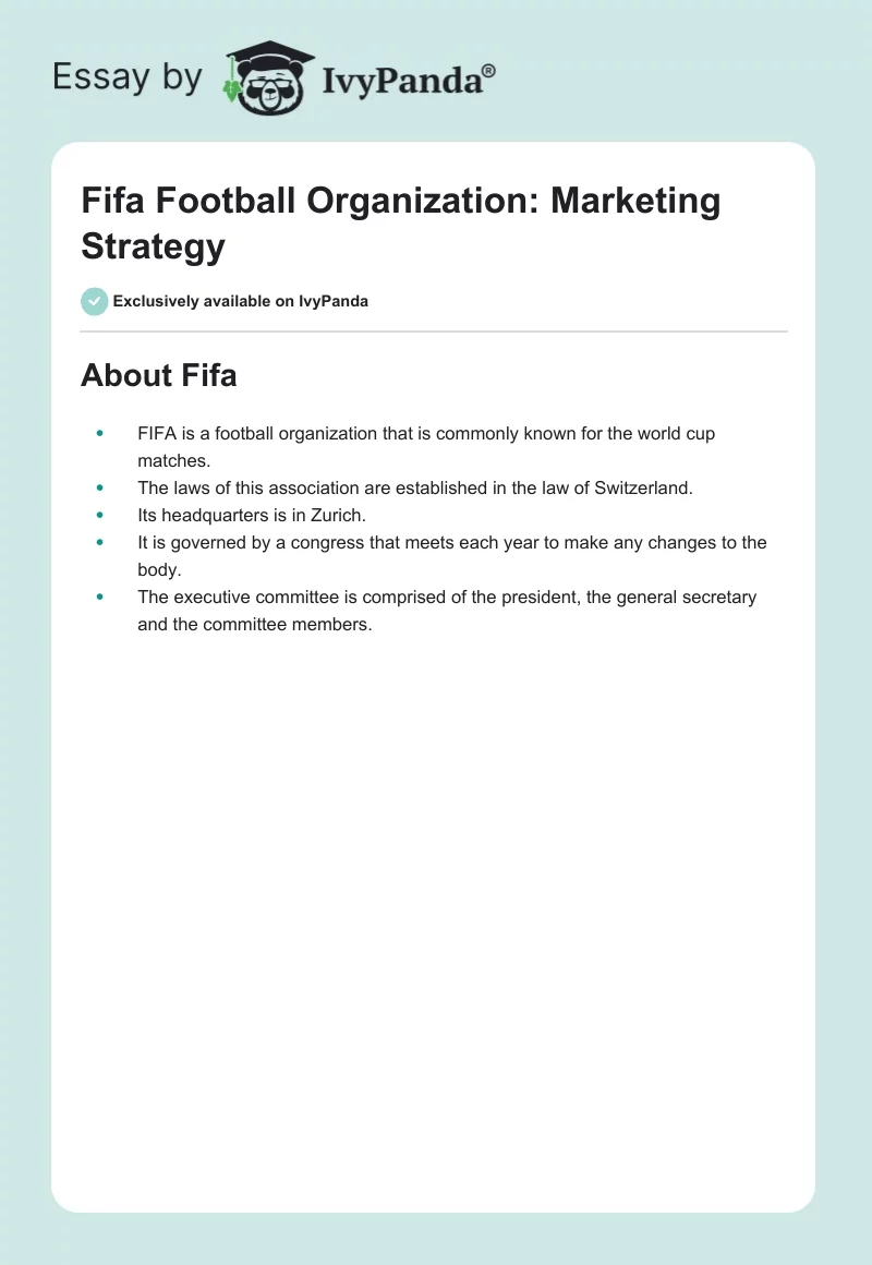 Fifa Football Organization: Marketing Strategy. Page 1