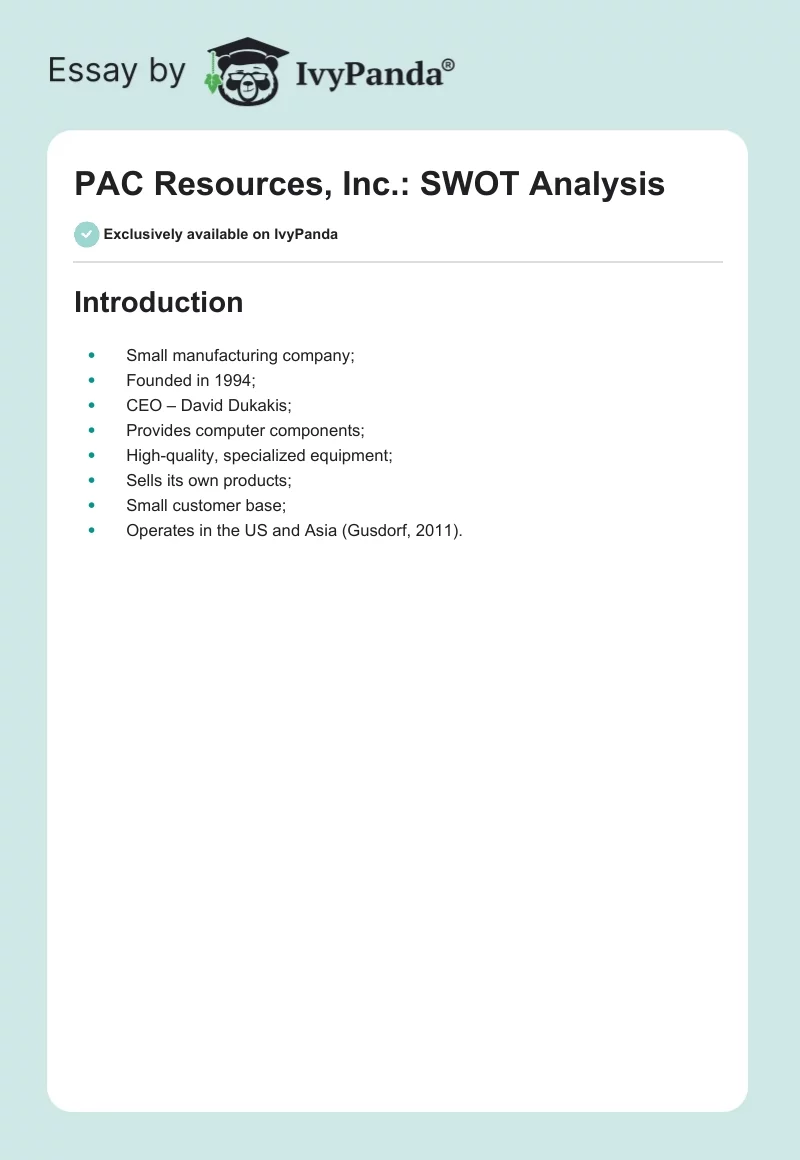 PAC Resources, Inc.: SWOT Analysis. Page 1
