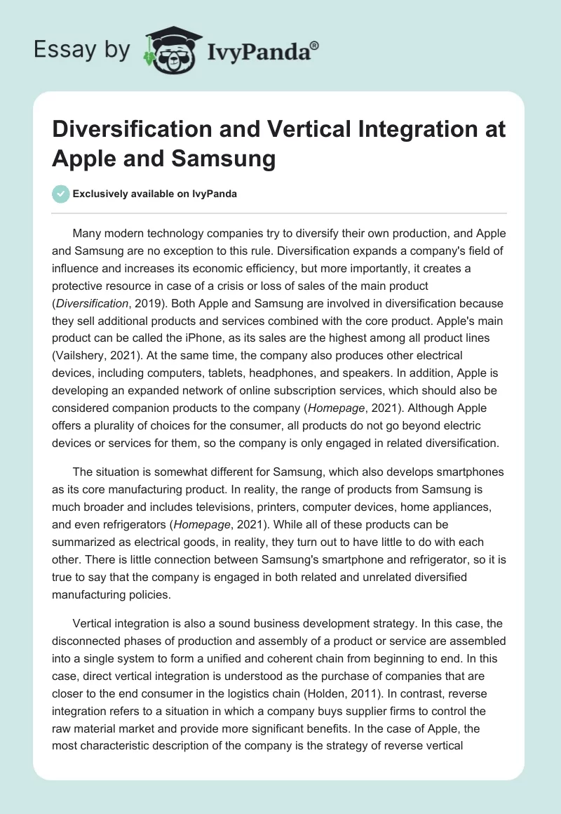 Diversification and Vertical Integration at Apple and Samsung. Page 1