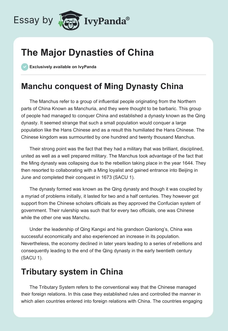 The Major Dynasties of China. Page 1