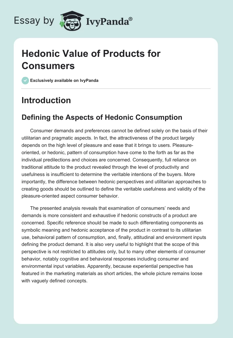 Hedonic Value of Products for Consumers. Page 1