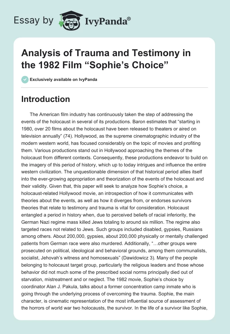 Analysis of Trauma and Testimony in the 1982 Film “Sophie’s Choice”. Page 1