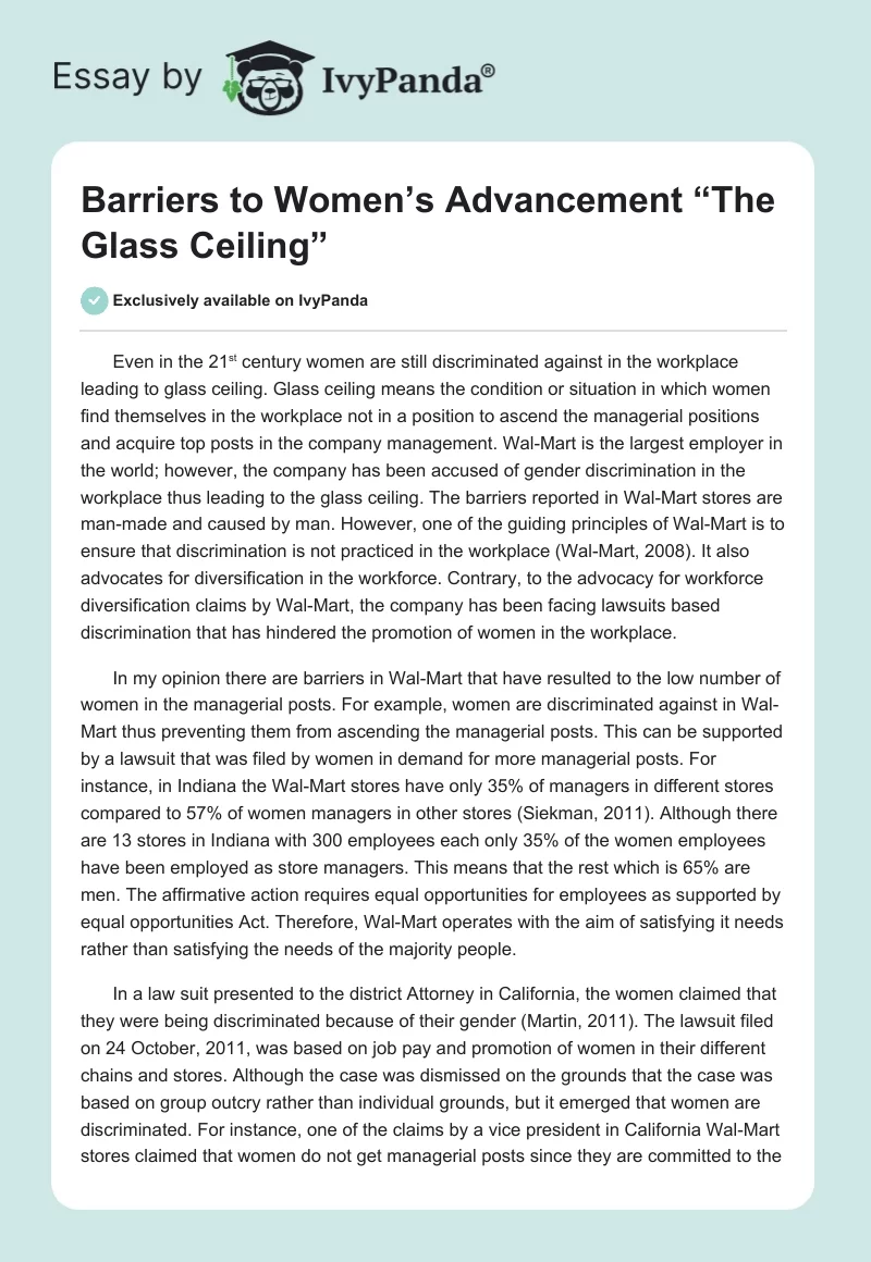 Barriers to Women’s Advancement “The Glass Ceiling”. Page 1