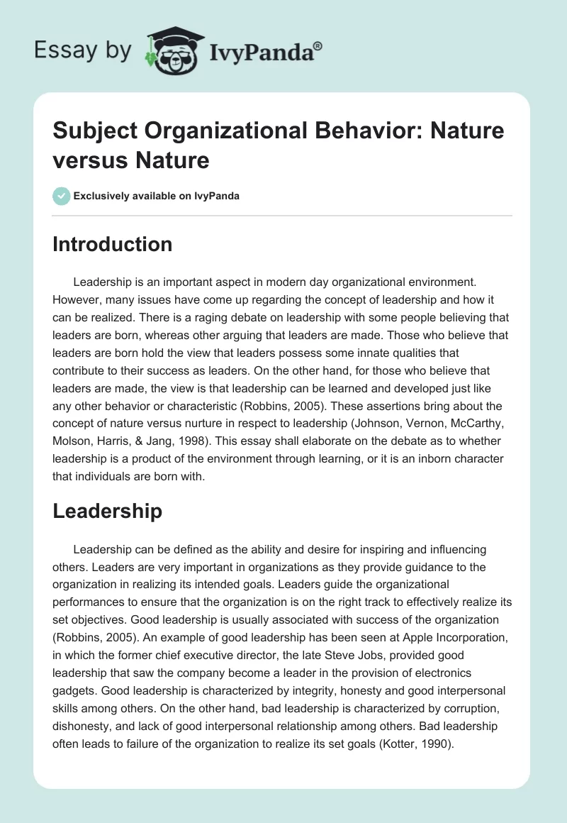Subject Organizational Behavior: Nature versus Nature. Page 1
