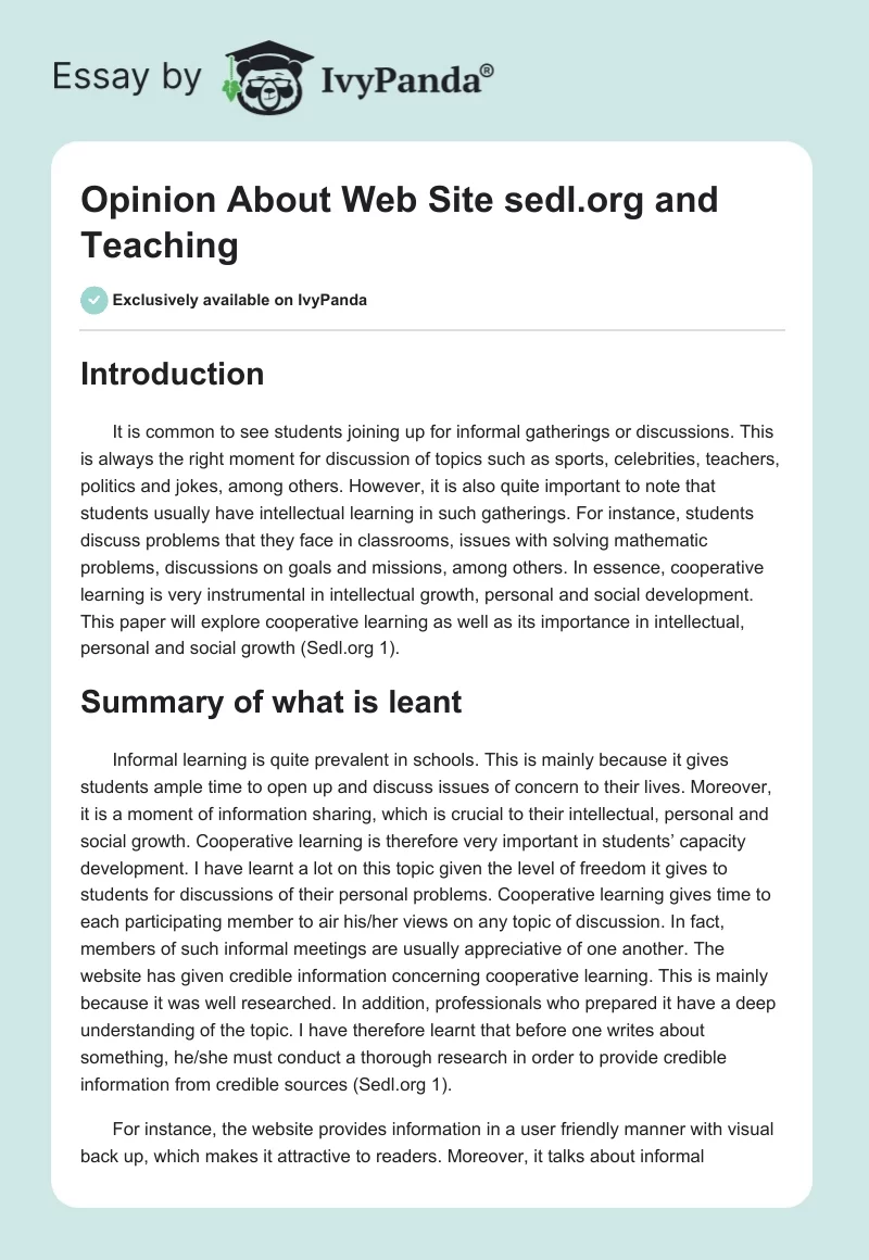 Opinion About Web Site sedl.org and Teaching. Page 1