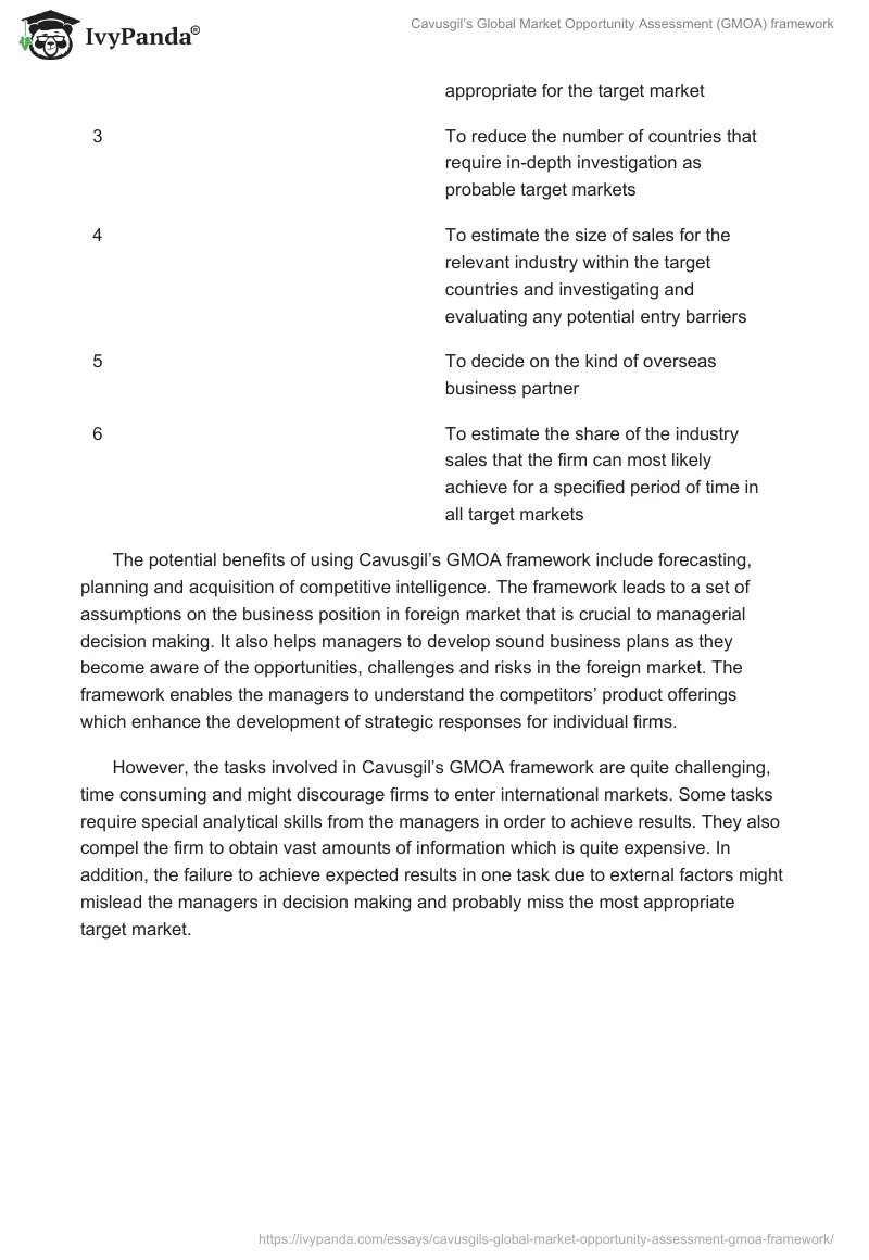 Cavusgil’s Global Market Opportunity Assessment (GMOA) framework. Page 3