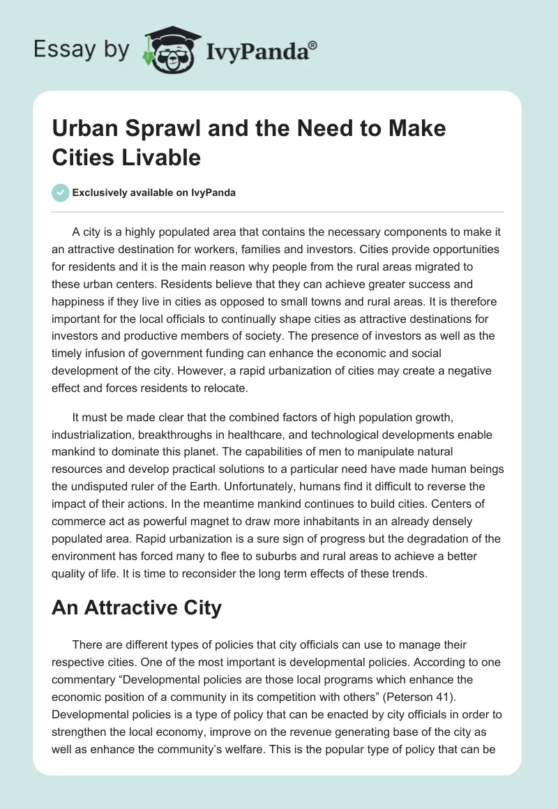 Urban Sprawl and the Need to Make Cities Livable. Page 1