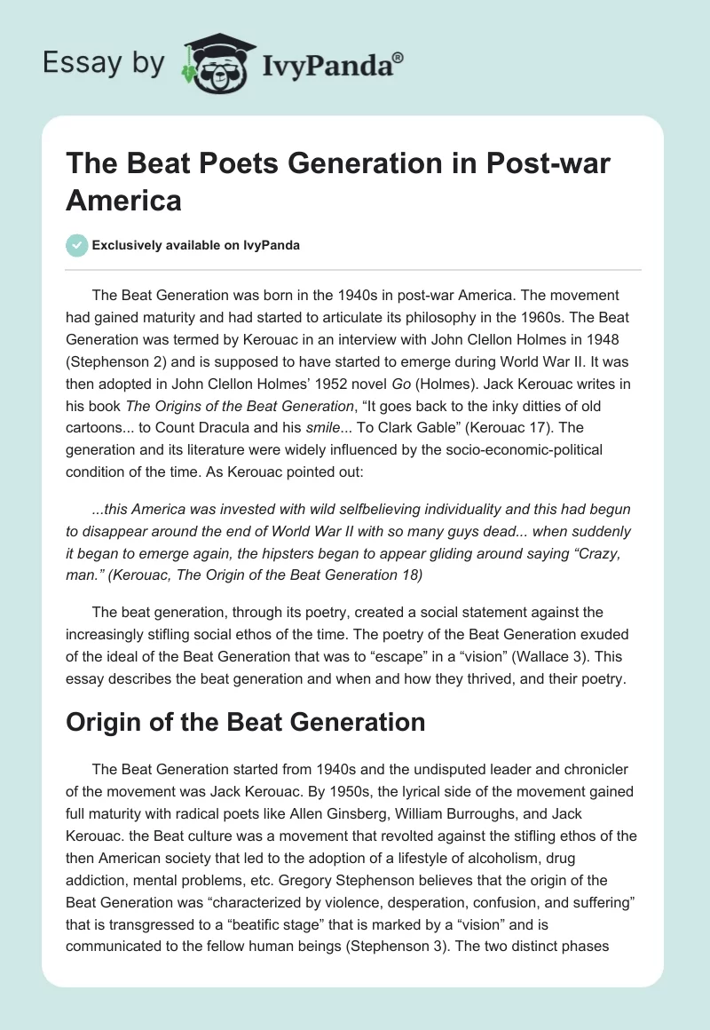 The Beat Poets Generation in Post-war America. Page 1