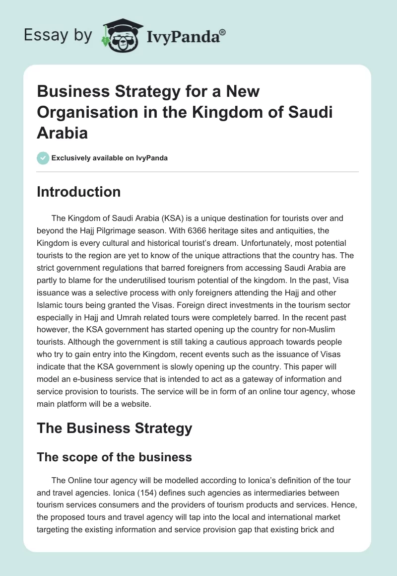 Business Strategy for a New Organisation in the Kingdom of Saudi Arabia. Page 1