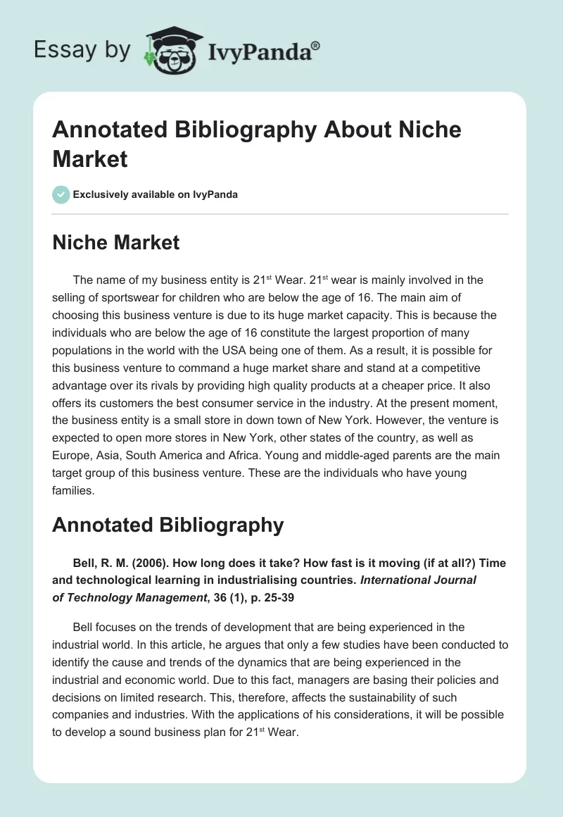 Annotated Bibliography About Niche Market. Page 1
