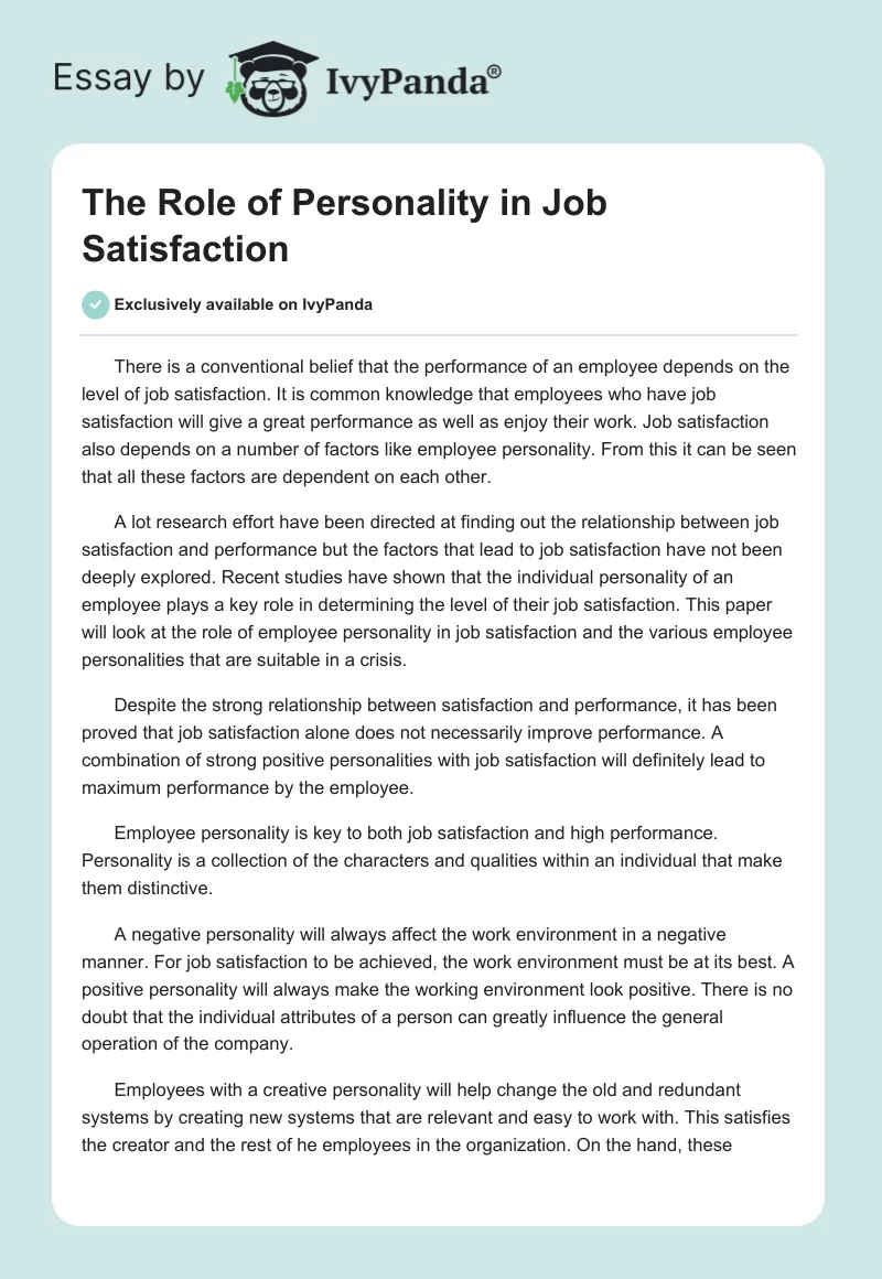The Role of Personality in Job Satisfaction. Page 1