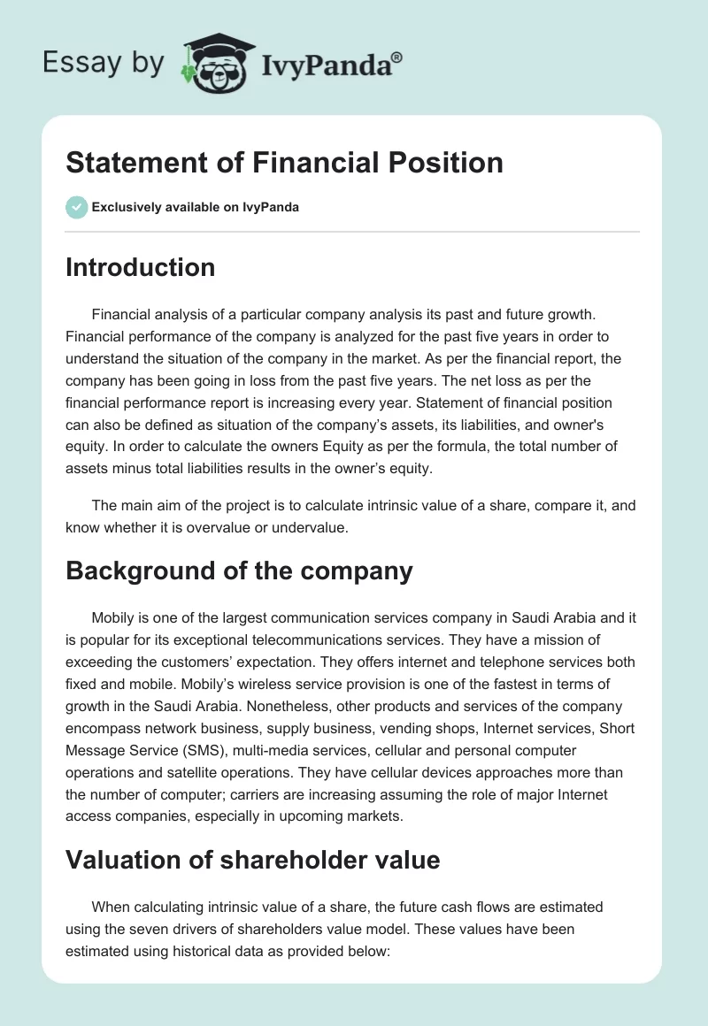 Statement of Financial Position. Page 1