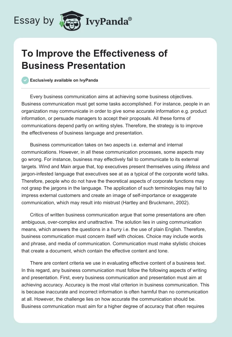 To Improve the Effectiveness of Business Presentation. Page 1