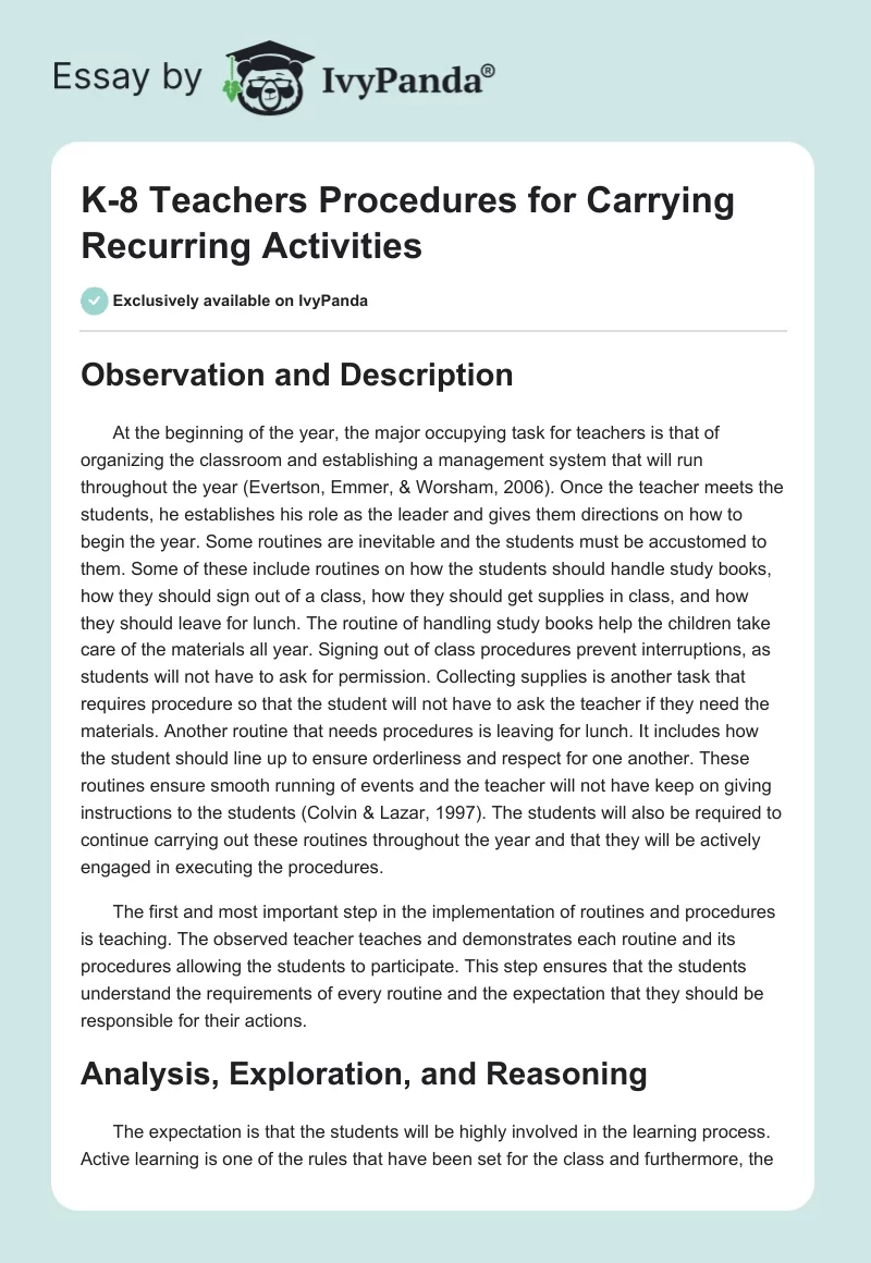 K-8 Teachers Procedures for Carrying Recurring Activities. Page 1