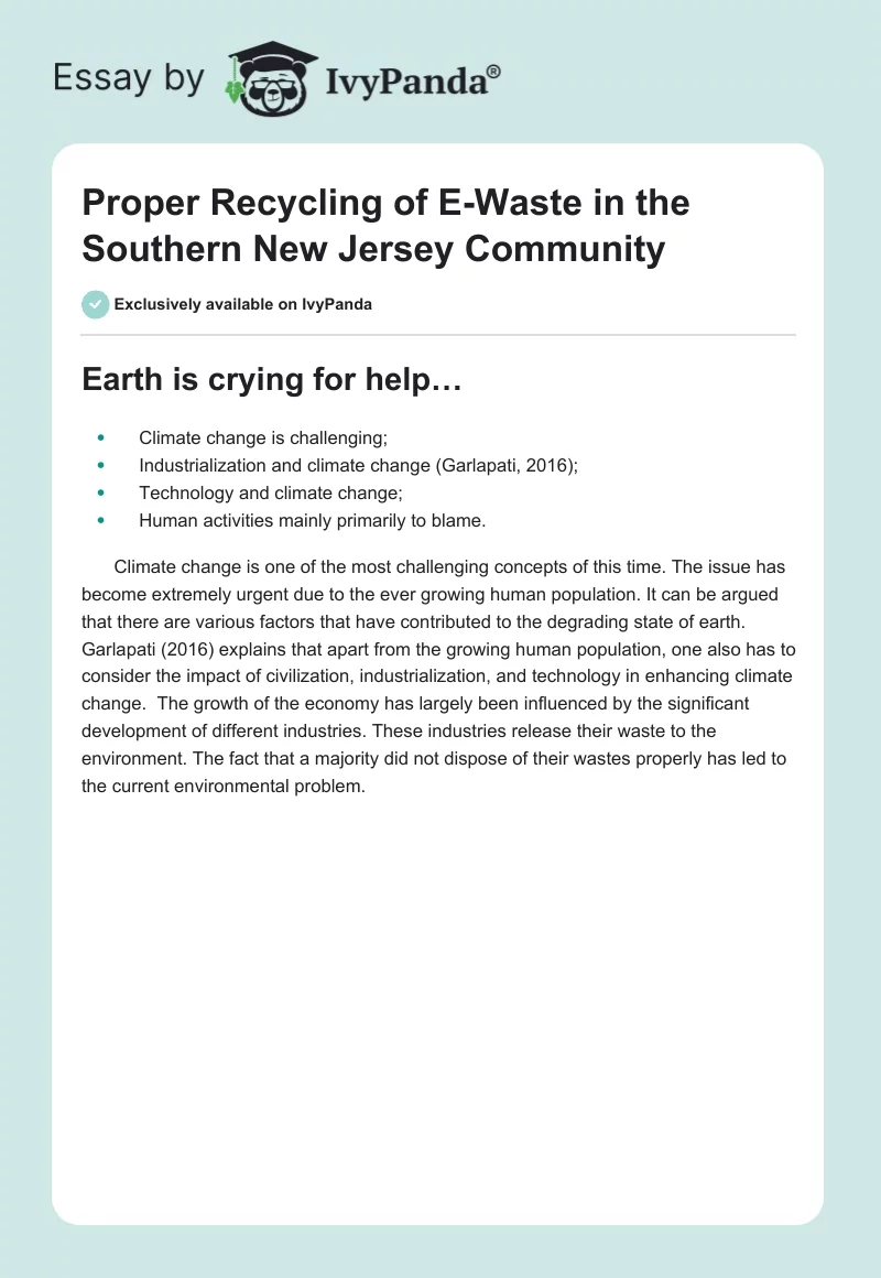 Proper Recycling of E-Waste in the Southern New Jersey Community. Page 1