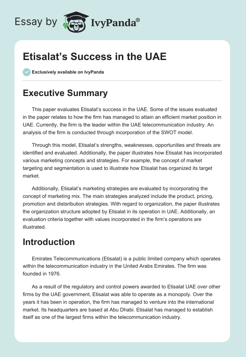 Etisalat’s Success in the UAE. Page 1