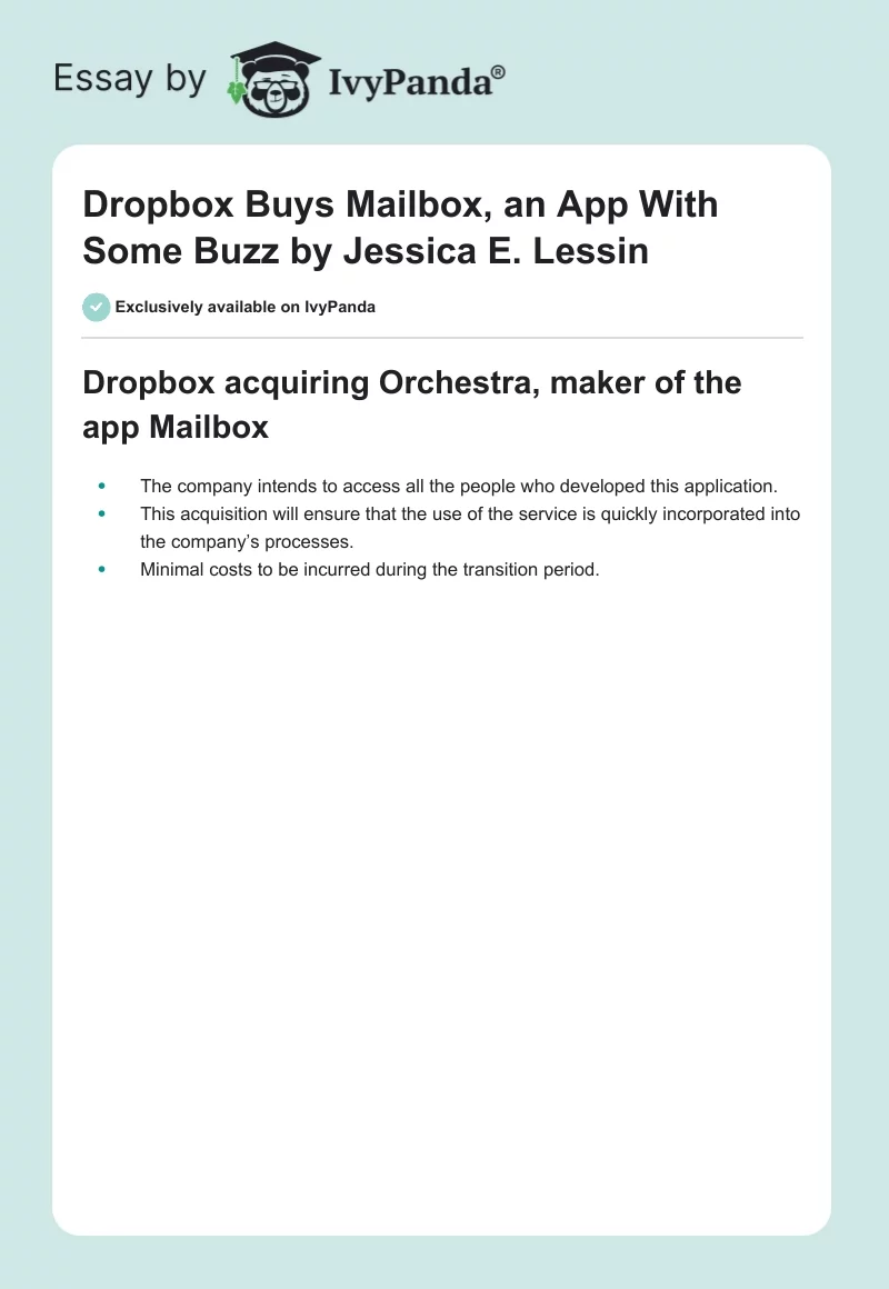 "Dropbox Buys Mailbox, an App With Some Buzz" by Jessica E. Lessin. Page 1