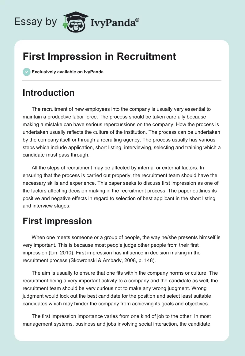 First Impression in Recruitment. Page 1