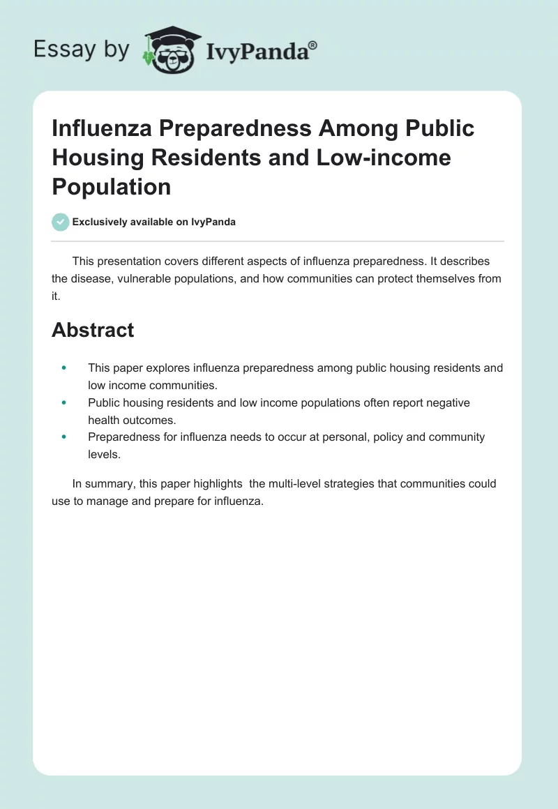 Influenza Preparedness Among Public Housing Residents and Low-income Population. Page 1