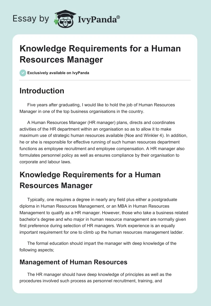 Knowledge Requirements for a Human Resources Manager. Page 1