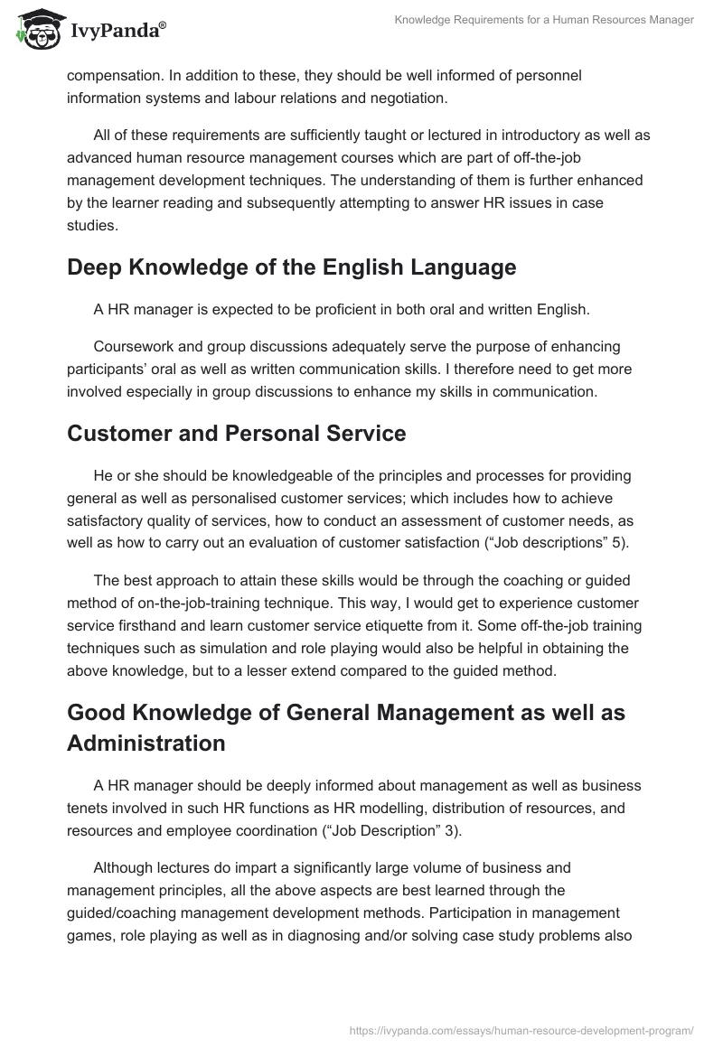 Knowledge Requirements for a Human Resources Manager. Page 2