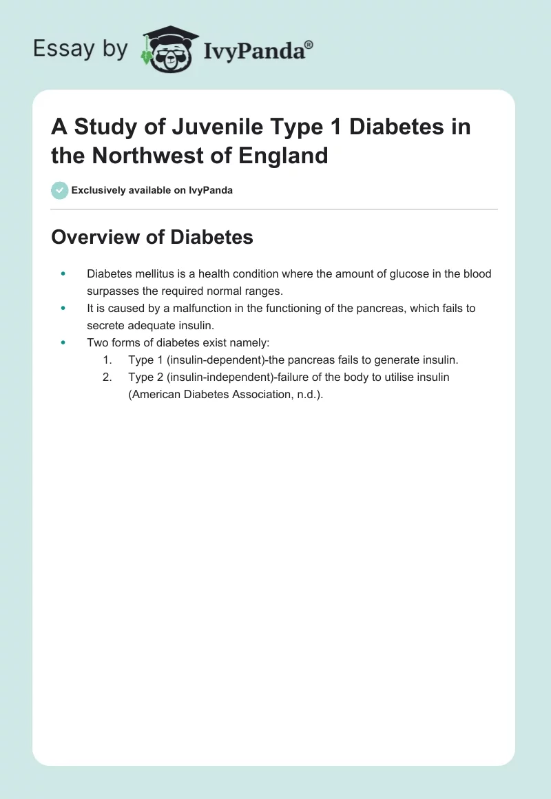 A Study of Juvenile Type 1 Diabetes in the Northwest of England. Page 1
