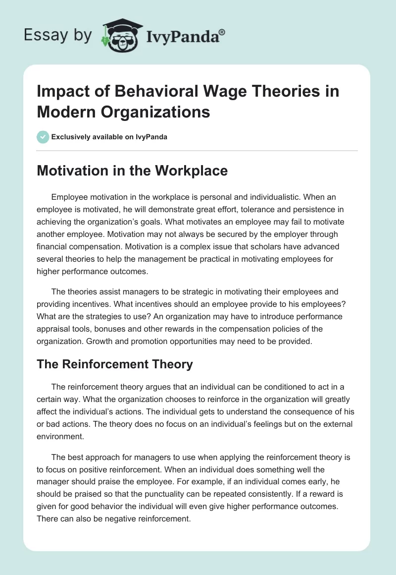 Impact of Behavioral Wage Theories in Modern Organizations. Page 1