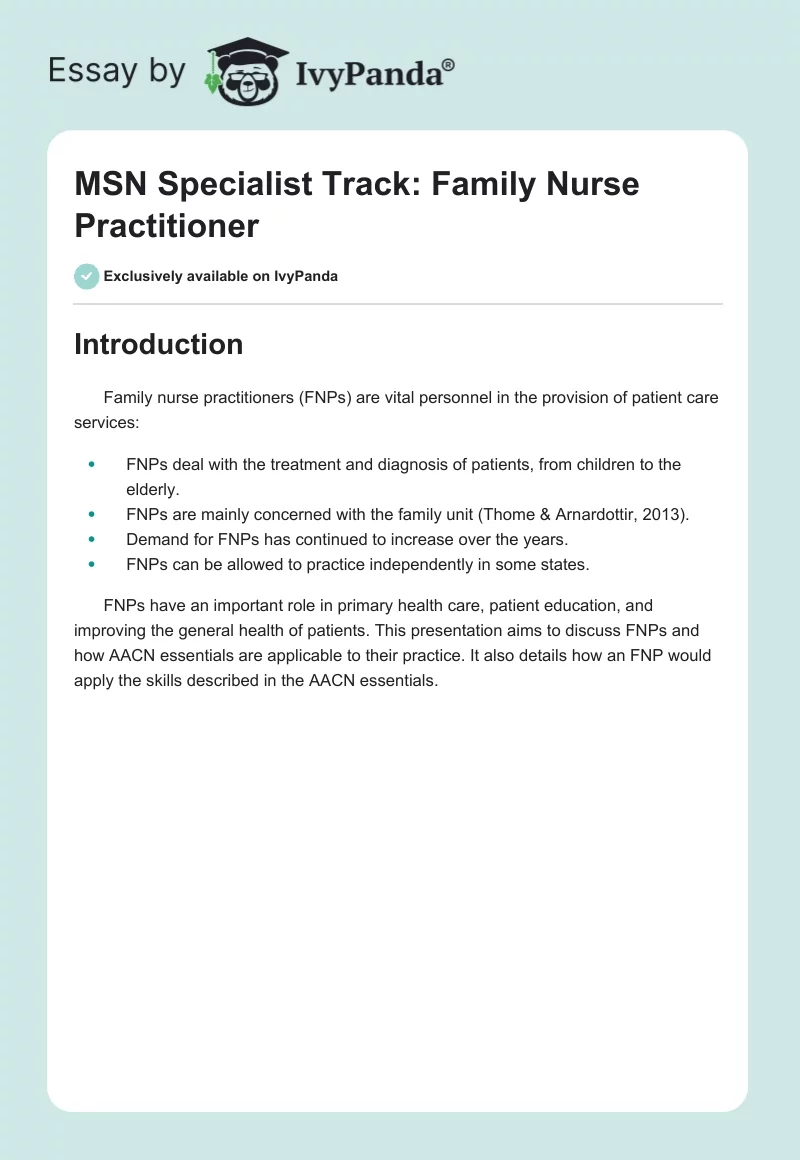 MSN Specialist Track: Family Nurse Practitioner. Page 1