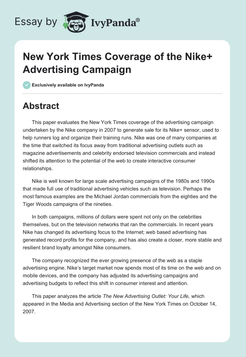 New York Times Coverage of the Nike+ Advertising Campaign. Page 1