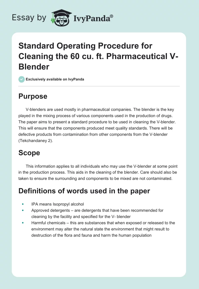 Standard Operating Procedure for Cleaning the 60 cu. ft. Pharmaceutical V- Blender. Page 1