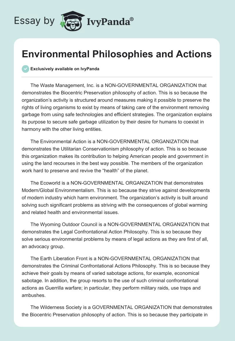 Environmental Philosophies and Actions. Page 1