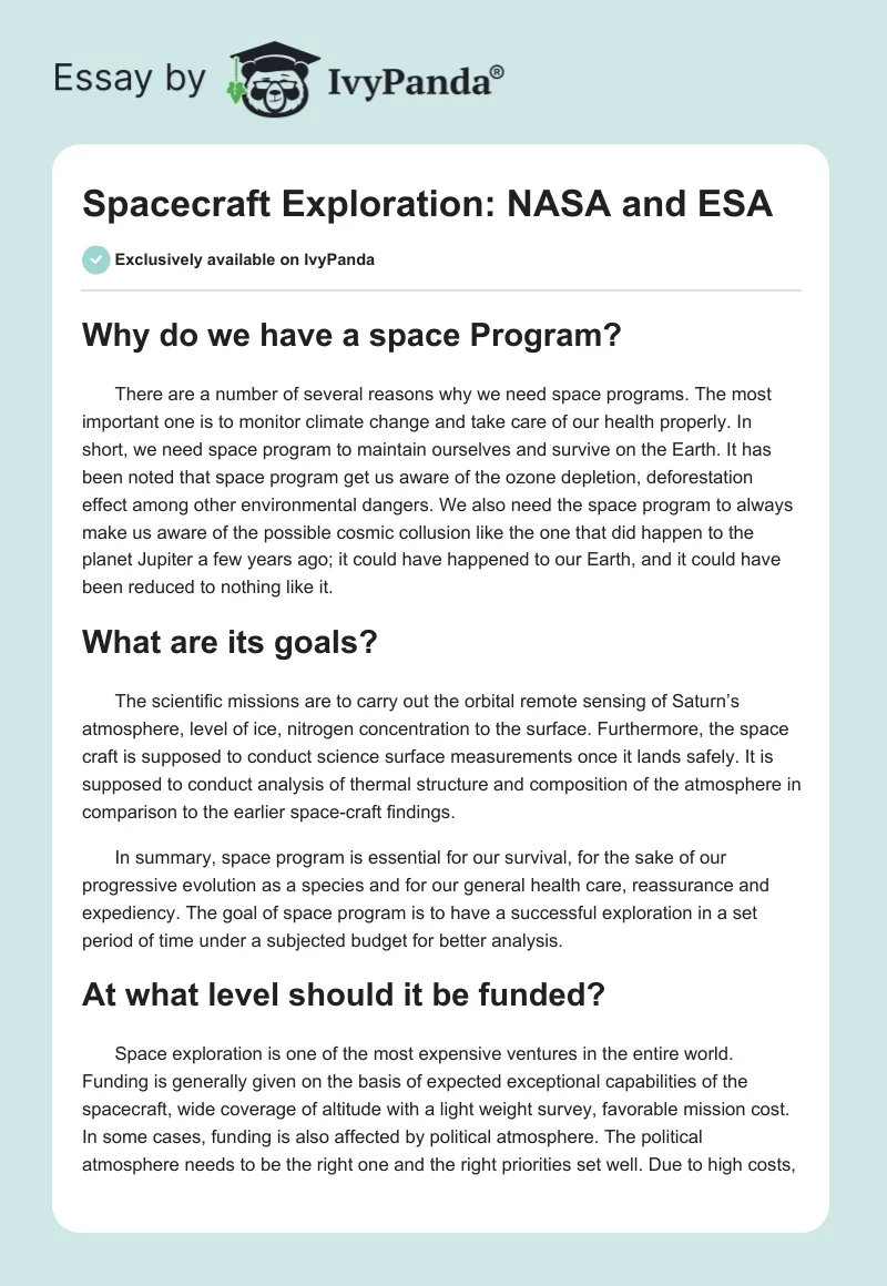 Spacecraft Exploration: NASA and ESA. Page 1