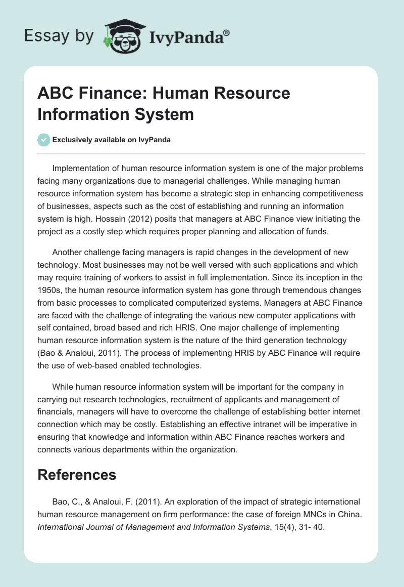 ABC Finance: Human Resource Information System. Page 1