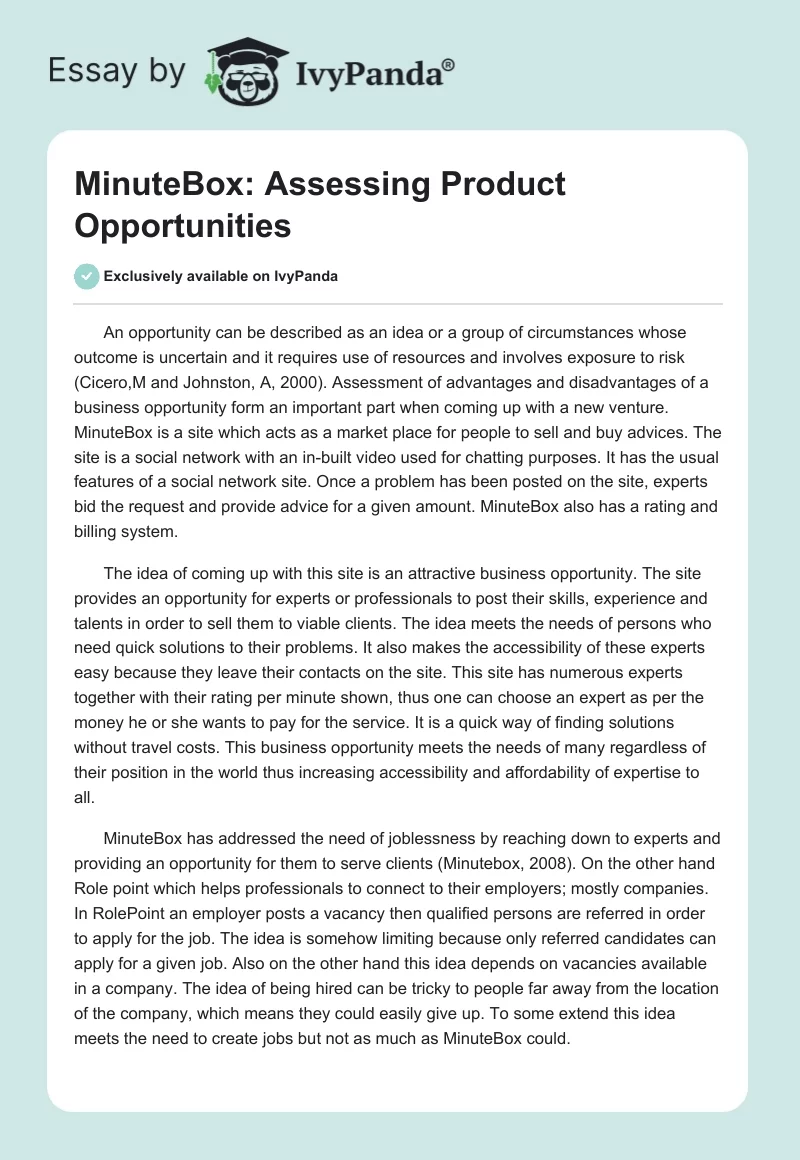 MinuteBox: Assessing Product Opportunities. Page 1