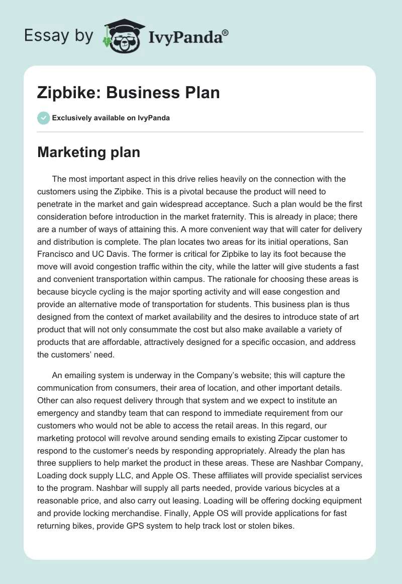 Zipbike: Business Plan. Page 1