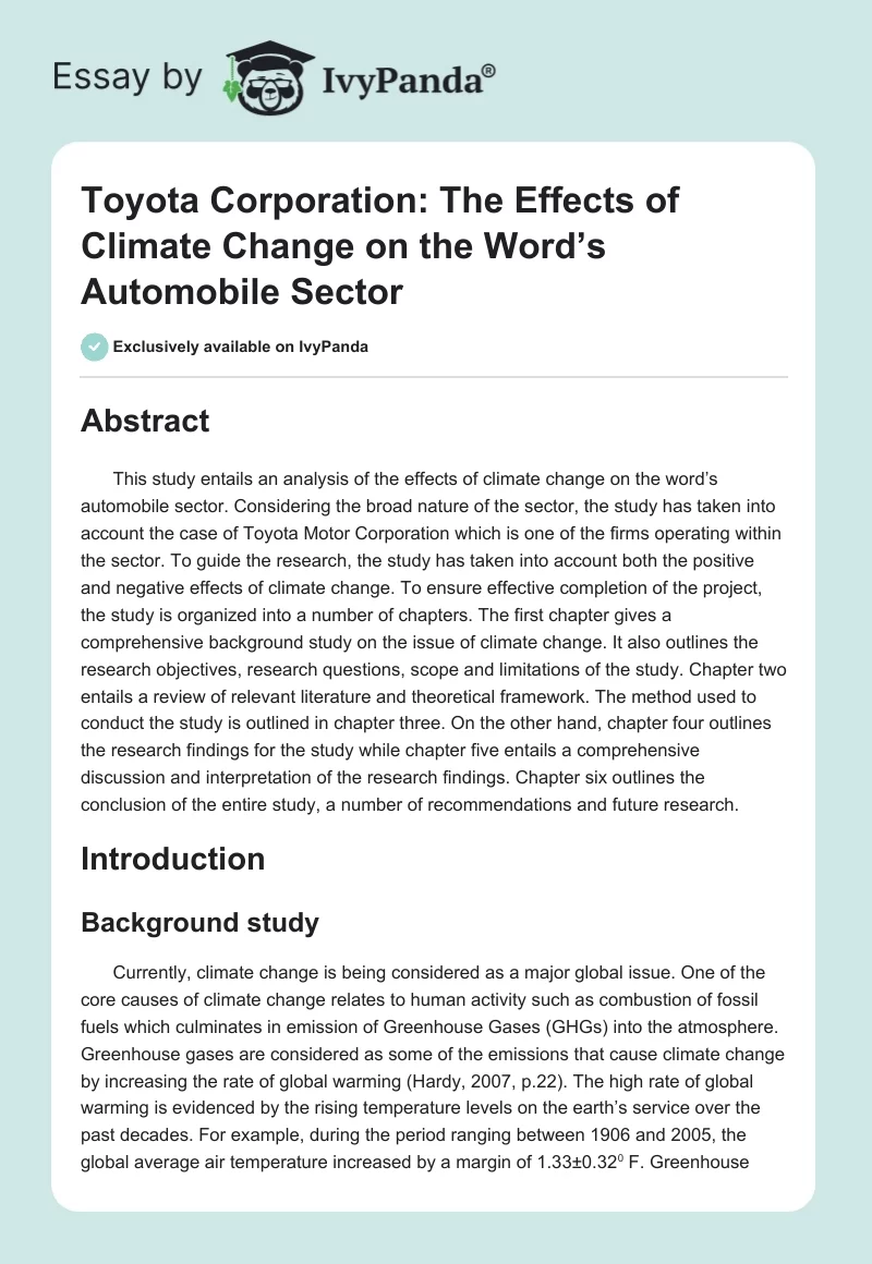 Toyota Corporation: The Effects of Climate Change on the Word’s Automobile Sector. Page 1
