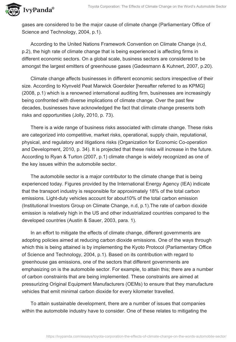 Toyota Corporation: The Effects of Climate Change on the Word’s Automobile Sector. Page 2