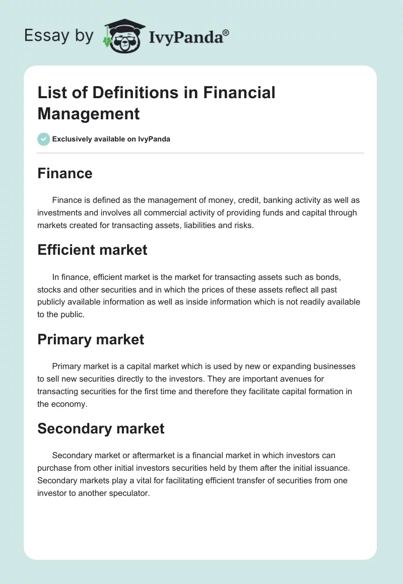 List of Definitions in Financial Management. Page 1