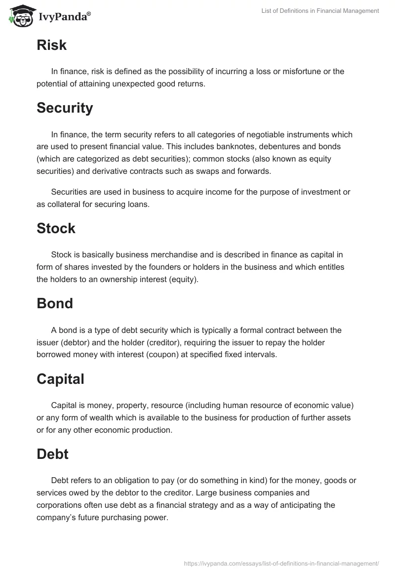 List of Definitions in Financial Management. Page 2