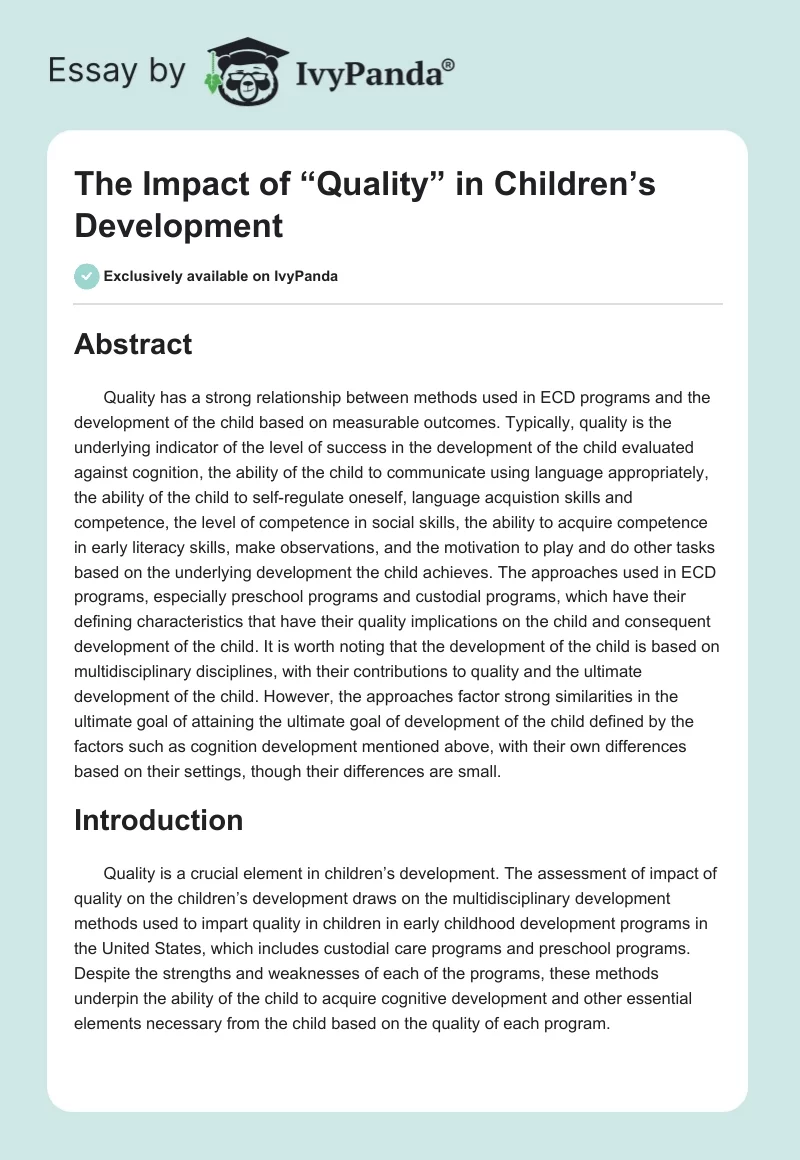 The Impact of “Quality” in Children’s Development. Page 1
