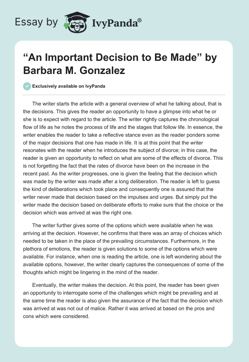 “An Important Decision to Be Made” by Barbara M. Gonzalez. Page 1
