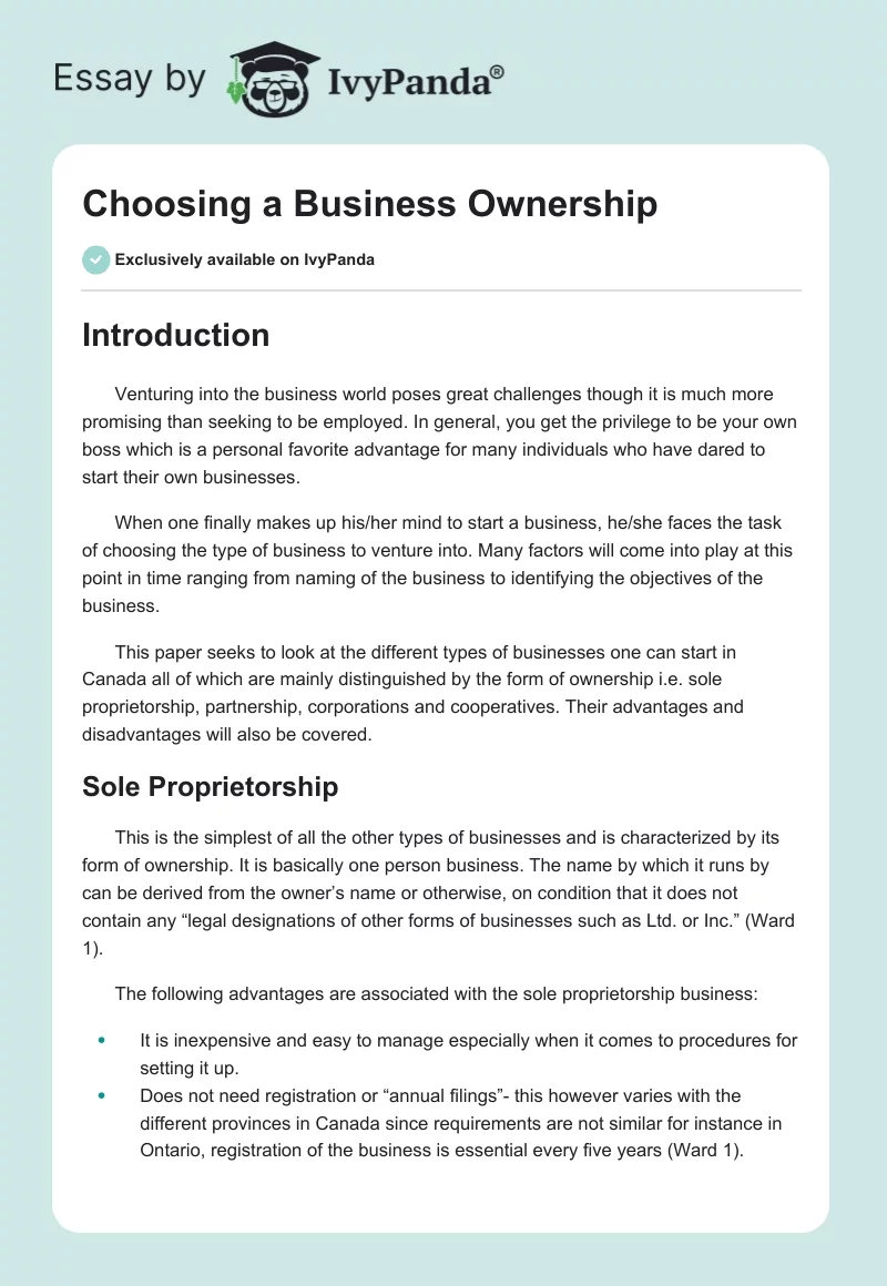 Choosing a Business Ownership. Page 1